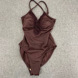 Newport News One Piece Swimsuit Chocolate Brown Lace V-Neckline Size 4 Nylon & L